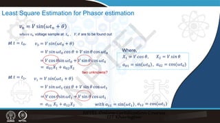 Least Square Estimation for Phasor estimation
where 𝑣𝑣𝑛𝑛 voltage sample at 𝑡𝑡𝑛𝑛 , 𝑉𝑉, 𝜃𝜃 are to be found out
𝑣𝑣𝑛𝑛 = 𝑉𝑉 sin 𝜔𝜔𝑡𝑡𝑛𝑛 + 𝜃𝜃
𝑣𝑣1 = 𝑉𝑉 𝑠𝑠𝑠𝑠𝑠𝑠 𝜔𝜔𝑡𝑡1 + 𝜃𝜃
= 𝑉𝑉 𝑠𝑠𝑠𝑠𝑠𝑠 𝜔𝜔𝑡𝑡1 𝑐𝑐𝑐𝑐𝑐𝑐 𝜃𝜃 + 𝑉𝑉 sin 𝜃𝜃 cos 𝜔𝜔𝑡𝑡1
at 𝑡𝑡 = 𝑡𝑡1,
= 𝑉𝑉 cos 𝜃𝜃sin 𝜔𝜔𝑡𝑡1 + 𝑉𝑉 sin 𝜃𝜃 cos 𝜔𝜔𝑡𝑡1
= 𝑎𝑎11 𝑋𝑋1 + 𝑎𝑎12𝑋𝑋2 𝑤𝑤𝑤𝑤𝑤𝑤𝑤 𝑎𝑎11 = sin 𝜔𝜔𝑡𝑡1 , 𝑎𝑎12 = cos(𝜔𝜔𝑡𝑡1)
at 𝑡𝑡 = 𝑡𝑡0,
= 𝑉𝑉 cos 𝜃𝜃sin 𝜔𝜔𝑡𝑡0 + 𝑉𝑉 sin 𝜃𝜃 cos 𝜔𝜔𝑡𝑡0
𝑣𝑣0 = 𝑉𝑉 𝑠𝑠𝑠𝑠𝑠𝑠 𝜔𝜔𝑡𝑡0 + 𝜃𝜃
= 𝑉𝑉 𝑠𝑠𝑠𝑠𝑠𝑠 𝜔𝜔𝑡𝑡0 𝑐𝑐𝑐𝑐𝑐𝑐 𝜃𝜃 + 𝑉𝑉 sin 𝜃𝜃 cos 𝜔𝜔𝑡𝑡0
two unknowns?
= 𝑎𝑎01𝑋𝑋1 + 𝑎𝑎02𝑋𝑋2
𝑋𝑋1 = 𝑉𝑉 𝑐𝑐𝑐𝑐𝑐𝑐 𝜃𝜃, 𝑋𝑋2 = 𝑉𝑉 𝑠𝑠𝑠𝑠𝑠𝑠 𝜃𝜃
𝑎𝑎01 = sin 𝜔𝜔𝑡𝑡0 , 𝑎𝑎02 = cos(𝜔𝜔𝑡𝑡0)
Where,
N
P
T
E
L
 