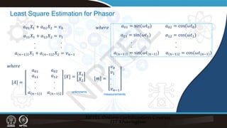 Least Square Estimation for Phasor
𝑎𝑎01𝑋𝑋1 + 𝑎𝑎02𝑋𝑋2 = 𝑣𝑣0
𝑎𝑎11𝑋𝑋1 + 𝑎𝑎12𝑋𝑋2 = 𝑣𝑣1
.
.
𝑎𝑎(𝑛𝑛−1)1𝑋𝑋1 + 𝑎𝑎(𝑛𝑛−1)2𝑋𝑋2 = 𝑣𝑣𝑛𝑛−1
[𝐴𝐴] =
𝑎𝑎01 𝑎𝑎02
𝑎𝑎11 𝑎𝑎12
. .
. .
𝑎𝑎(𝑛𝑛−1)1 𝑎𝑎(𝑛𝑛−1)2
[𝑋𝑋] =
𝑋𝑋1
𝑋𝑋2 [𝑚𝑚] =
𝑣𝑣0
𝑣𝑣1
.
.
𝑣𝑣𝑛𝑛−1
𝑎𝑎01 = sin(𝜔𝜔𝑡𝑡0) 𝑎𝑎02 = cos(𝜔𝜔𝑡𝑡0)
𝑎𝑎11 = sin(𝜔𝜔𝑡𝑡1) 𝑎𝑎12 = cos(𝜔𝜔𝑡𝑡1)
𝑎𝑎(n−1)1 = sin(𝜔𝜔𝑡𝑡(n−1)) 𝑎𝑎 n−1 2 = cos(𝜔𝜔𝑡𝑡(n−1))
.
.
.
.
.
.
𝑤𝑤𝑤𝑤𝑤𝑤𝑤𝑤𝑤
𝑤𝑤𝑤𝑤𝑤𝑤𝑤𝑤𝑤
unknowns
measurements
N
P
T
E
L
 