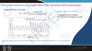 Fault current response using Digital Mimic Filter with phase shift compensation:
𝜙𝜙𝑠𝑠𝑠 = tan−1
𝜏𝜏 sin ⁄
2𝜋𝜋 𝑁𝑁
1 + 𝜏𝜏 − 𝜏𝜏 cos ⁄
2𝜋𝜋 𝑁𝑁
Phase shift with mimic filter,
𝜏𝜏 = decaying time constant
N = number of samples per cycle
G. Benmouyal, "Removal of DC-offset in current waveforms using digital mimic filtering," IEEE Trans. Power Del., vol. 10, no. 2, pp. 621-630, April
1995.
Gain(f) = |K[(1+ τ)- τ𝑒𝑒−𝑗𝑗𝑗𝑗∆𝑡𝑡
]| = 1
N
P
T
E
L
 