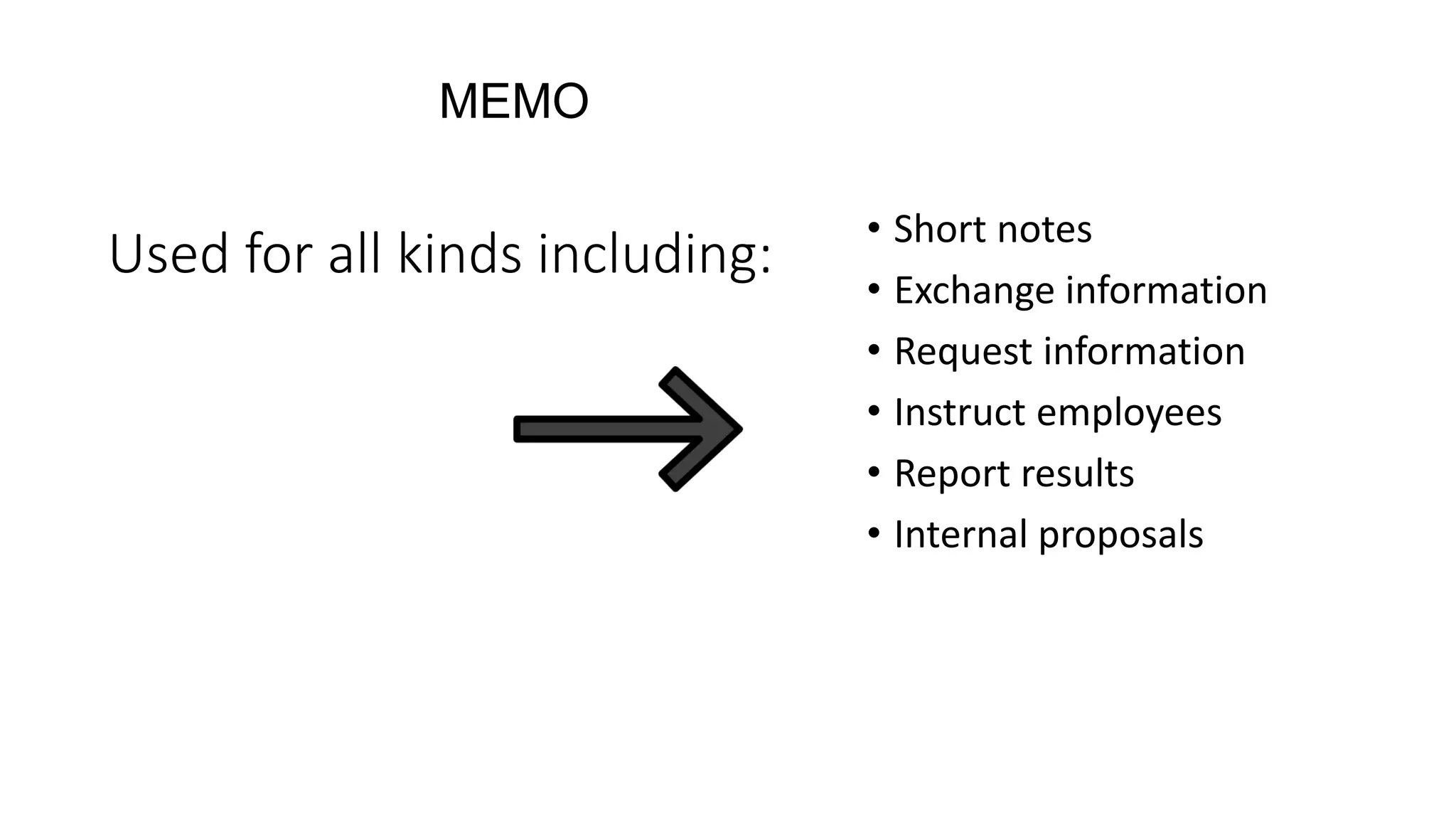 Used for all kinds including:
• Short notes
• Exchange information
• Request information
• Instruct employees
• Report results
• Internal proposals
MEMO
 
