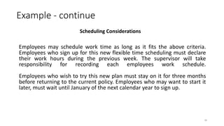 Example - continue
Scheduling Considerations
Employees may schedule work time as long as it fits the above criteria.
Employees who sign up for this new flexible time scheduling must declare
their work hours during the previous week. The supervisor will take
responsibility for recording each employees work schedule.
Employees who wish to try this new plan must stay on it for three months
before returning to the current policy. Employees who may want to start it
later, must wait until January of the next calendar year to sign up.
39
 