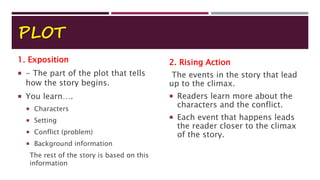 PLOT
1. Exposition
 - The part of the plot that tells
how the story begins.
 You learn….
 Characters
 Setting
 Conflict (problem)
 Background information
The rest of the story is based on this
information
2. Rising Action
The events in the story that lead
up to the climax.
 Readers learn more about the
characters and the conflict.
 Each event that happens leads
the reader closer to the climax
of the story.
 
