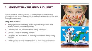 1. MONOMYTH – THE HERO’S JOURNEY
In this structure a hero goes on a challenging and adventurous
journey– moves from certainty to uncertainty– and returns home with
newly found wisdom.
Why does it work?
 It engages the audience by accessing their imagination and
making them a part of the journey
 Demonstrates the benefits of risk-taking behaviour
 Evokes a sense of empathy in them
 Deciphers the importance of learning new lessons and gaining
wisdom
 Finally, your audience sees the value of your product or service
 