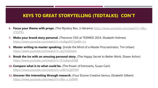 KEYS TO GREAT STORYTELLING (TEDTALKS) CON’T
6. Focus your theme with props. (The Mystery Box, JJ Abrams) https://www.youtube.com/watch?v=KKs-
sTZLPKs
7. Make your brand story personal. (Theranos CEO at TEDMED 2014, Elizabeth Holmes)
https://www.youtube.com/watch?v=ho8geEtCYjw&t=1s
8. Master writing to master speaking. (Inside the Mind of a Master Procrastinator, Tim Urban)
https://www.youtube.com/watch?v=arj7oStGLkU
9. Break the ice with an amusing personal story. (The Happy Secret to Better Work, Shawn Achor)
https://www.youtube.com/watch?v=fLJsdqxnZb0]
10. Compare what is to what could be. (The Power of Introverts, Susan Cain)
https://www.youtube.com/watch?v=c0KYU2j0TM4
11. Uncover the interesting through research. (Your Elusive Creative Genius, Elizabeth Gilbert)
https://www.youtube.com/watch?v=86x-u-tz0MA
 