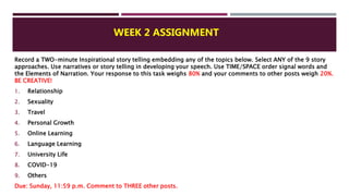 WEEK 2 ASSIGNMENT
Record a TWO-minute Inspirational story telling embedding any of the topics below. Select ANY of the 9 story
approaches. Use narratives or story telling in developing your speech. Use TIME/SPACE order signal words and
the Elements of Narration. Your response to this task weighs 80% and your comments to other posts weigh 20%.
BE CREATIVE!
1. Relationship
2. Sexuality
3. Travel
4. Personal Growth
5. Online Learning
6. Language Learning
7. University Life
8. COVID-19
9. Others
Due: Sunday, 11:59 p.m. Comment to THREE other posts.
 