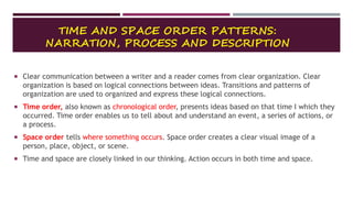 TIME AND SPACE ORDER PATTERNS:
NARRATION, PROCESS AND DESCRIPTION
 Clear communication between a writer and a reader comes from clear organization. Clear
organization is based on logical connections between ideas. Transitions and patterns of
organization are used to organized and express these logical connections.
 Time order, also known as chronological order, presents ideas based on that time I which they
occurred. Time order enables us to tell about and understand an event, a series of actions, or
a process.
 Space order tells where something occurs. Space order creates a clear visual image of a
person, place, object, or scene.
 Time and space are closely linked in our thinking. Action occurs in both time and space.
 