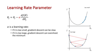 Learning Rate Parameter
𝜃$ = 𝜃$ − 𝛼
𝑑𝐽 𝜃
𝑑𝜃$
𝛼 is a learning rate:
• If it is too small, gradient descent can be slow
• If it is too large, gradient descent can overshoot
the minimum
𝜃"
𝜃"
𝐽
𝐽
too small
too large
x
x
x
x
x
x
x
x
x
x
x
 