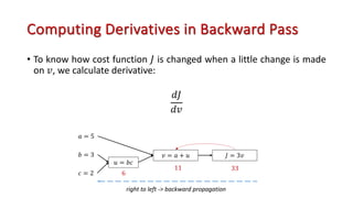 Computing Derivatives in Backward Pass
• To know how cost function 𝐽 is changed when a little change is made
on 𝑣, we calculate derivative:
𝑑𝐽
𝑑𝑣
𝑎 = 5
𝑏 = 3
𝑐 = 2
𝑢 = 𝑏𝑐
𝑣 = 𝑎 + 𝑢 𝐽 = 3𝑣
6
11 33
right to left -> backward propagation
 
