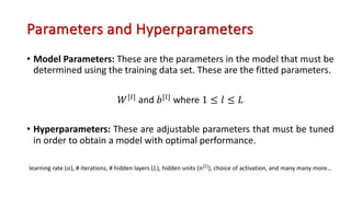 Parameters and Hyperparameters
• Model Parameters: These are the parameters in the model that must be
determined using the training data set. These are the fitted parameters.
𝑊[@]
and 𝑏[@]
where 1 ≤ 𝑙 ≤ 𝐿
• Hyperparameters: These are adjustable parameters that must be tuned
in order to obtain a model with optimal performance.
learning rate (𝛼), # iterations, # hidden layers (𝐿), hidden units (𝑛[=]), choice of activation, and many many more…
 