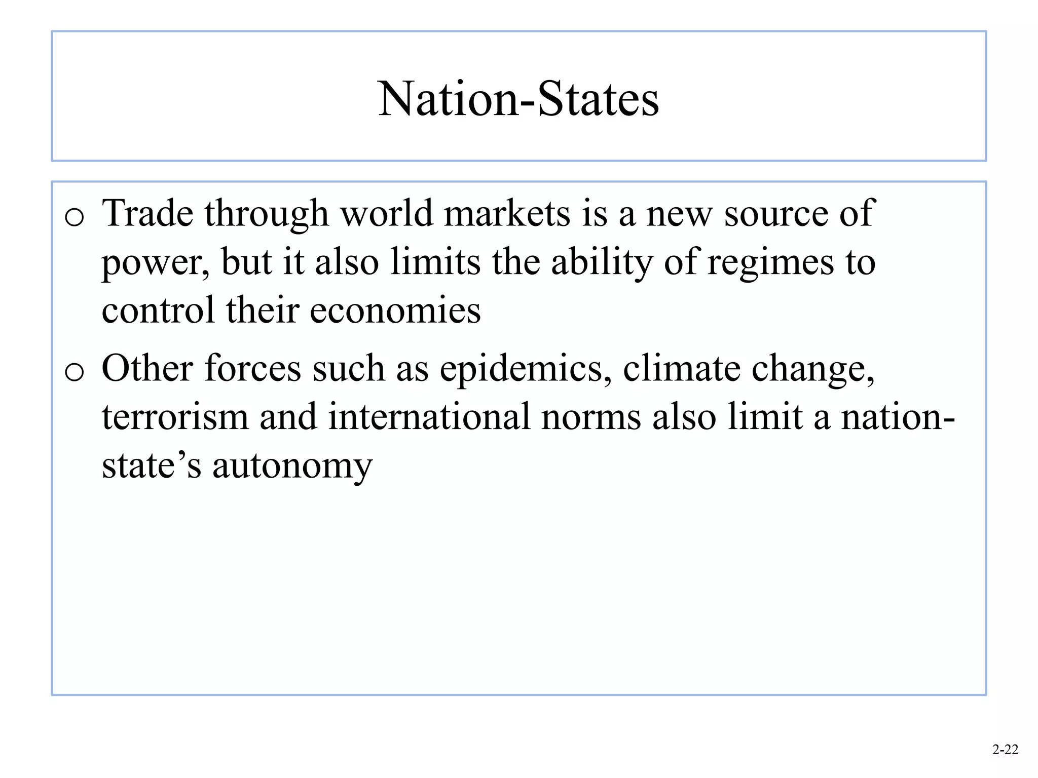 Nation-States

o Trade through world markets is a new source of
  power, but it also limits the ability of regimes to
  control their economies
o Other forces such as epidemics, climate change,
  terrorism and international norms also limit a nation-
  state’s autonomy




                                                           2-22
 
