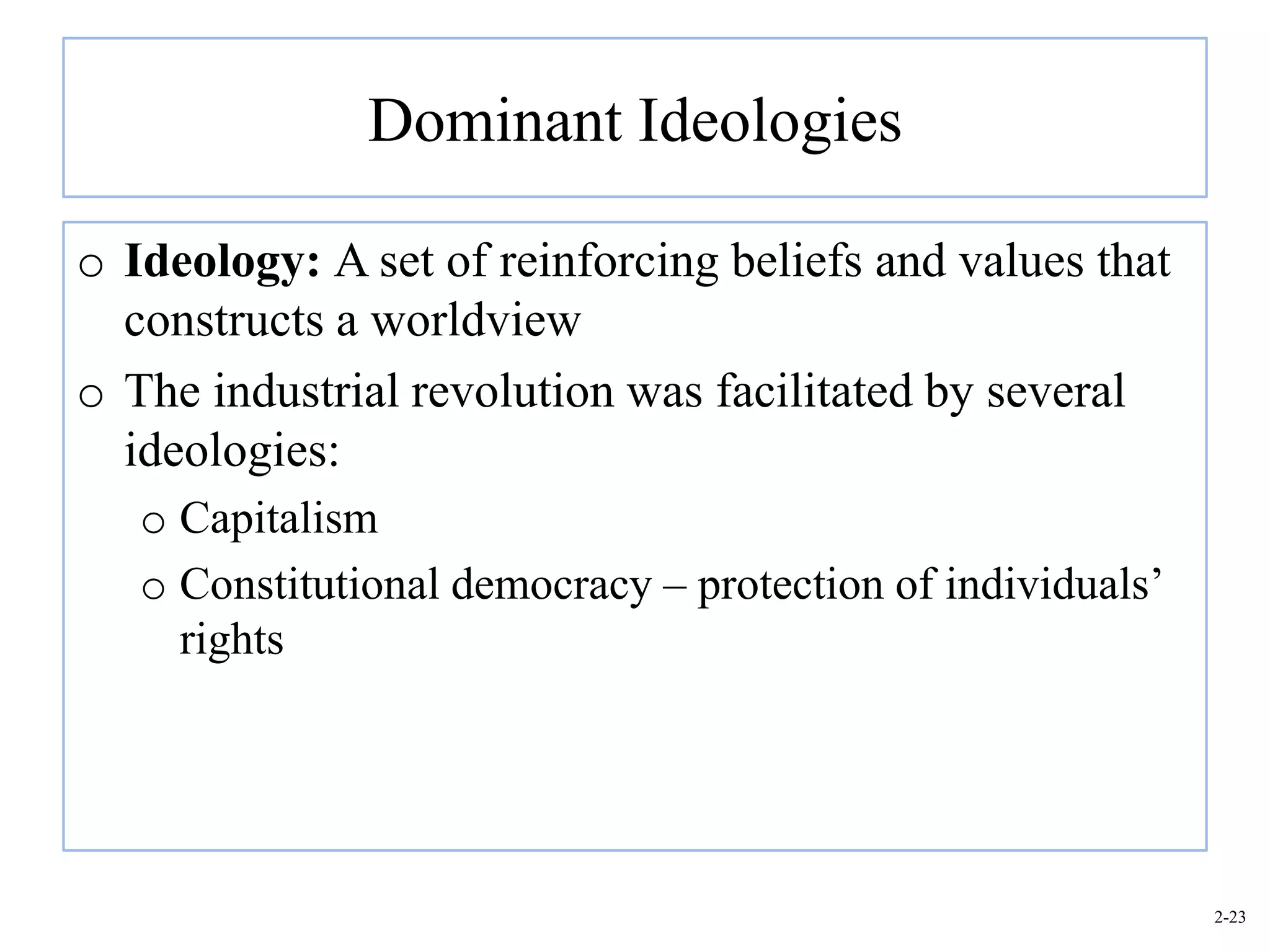 Dominant Ideologies

o Ideology: A set of reinforcing beliefs and values that
  constructs a worldview
o The industrial revolution was facilitated by several
  ideologies:
   o Capitalism
   o Constitutional democracy – protection of individuals’
     rights




                                                             2-23
 