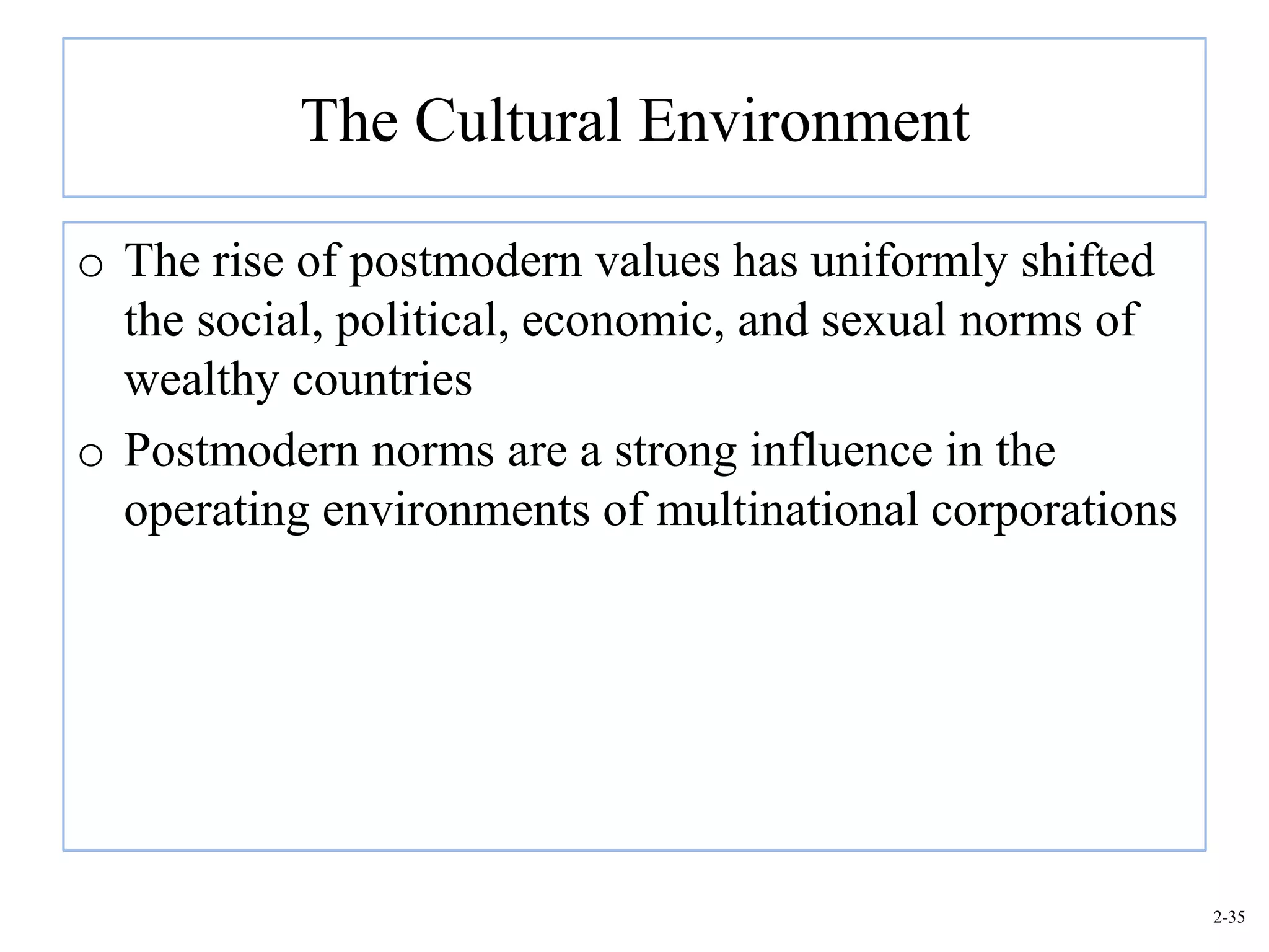 The Cultural Environment

o The rise of postmodern values has uniformly shifted
  the social, political, economic, and sexual norms of
  wealthy countries
o Postmodern norms are a strong influence in the
  operating environments of multinational corporations




                                                         2-35
 