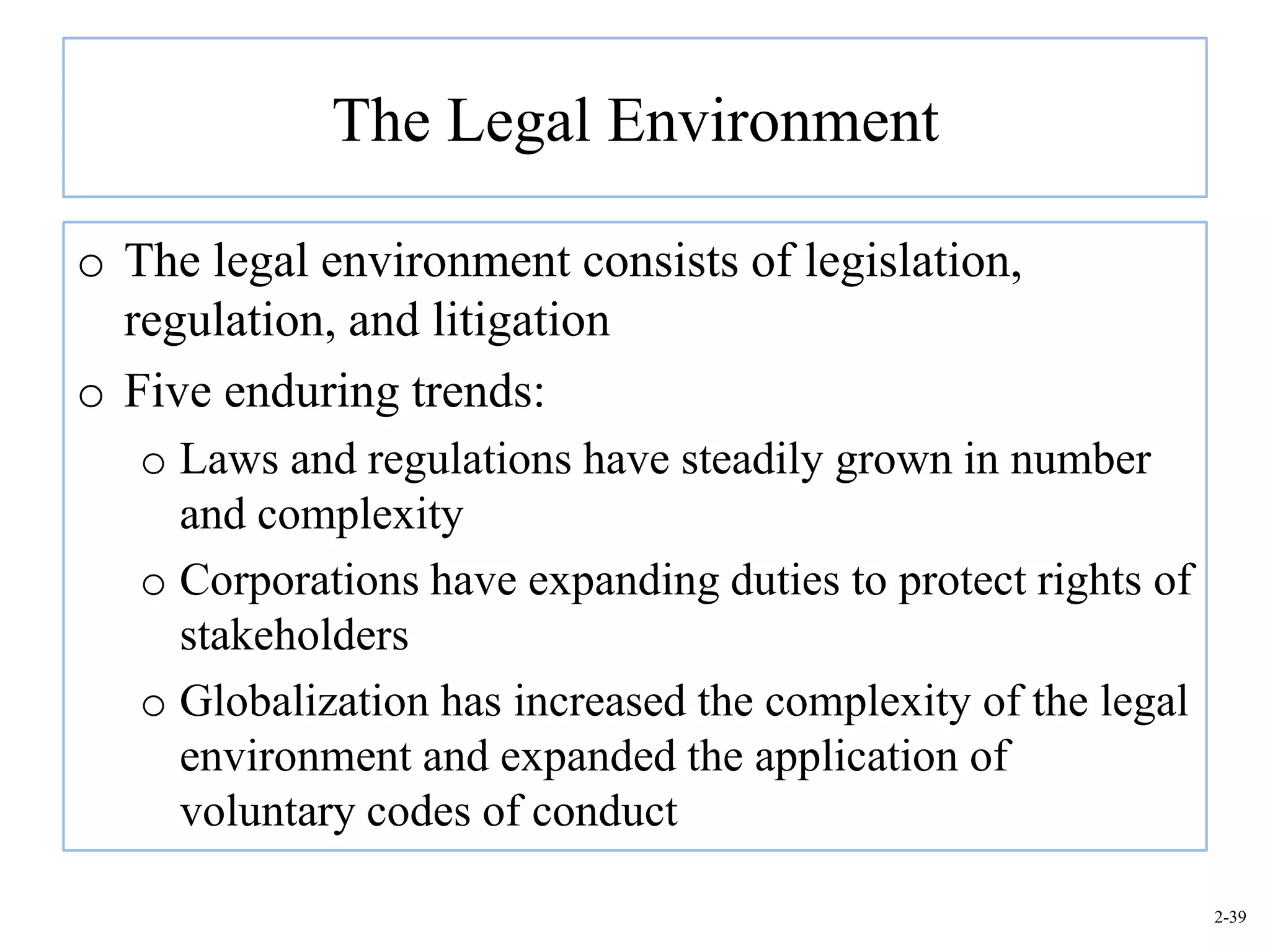 The Legal Environment

o The legal environment consists of legislation,
  regulation, and litigation
o Five enduring trends:
   o Laws and regulations have steadily grown in number
     and complexity
   o Corporations have expanding duties to protect rights of
     stakeholders
   o Globalization has increased the complexity of the legal
     environment and expanded the application of
     voluntary codes of conduct

                                                               2-39
 