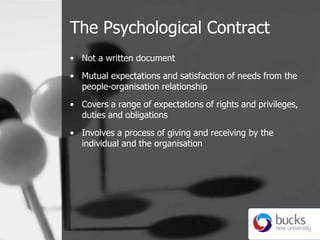 The Psychological Contract,[object Object],Not a written document,[object Object],Mutual expectations and satisfaction of needs from the people-organisation relationship,[object Object],Covers a range of expectations of rights and privileges, duties and obligations,[object Object],Involves a process of giving and receiving by the individual and the organisation   ,[object Object]