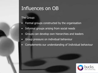 Influences on OB,[object Object],The Group:,[object Object],Formal groups constructed by the organisation,[object Object],Informal groups arising from social needs,[object Object],Groups can develop own hierarchies and leaders,[object Object],Group pressure on individual behaviour,[object Object],Complements our understanding of Individual behaviour,[object Object]
