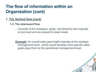 The flow of information within an
Organization (cont)
1. The Vertical flow (cont)
   1.2. The downward flow
       - Consists of the strategies, goals, and directive that originate
         at one level and are passed to lower levels


       Example: An overall sales goal might originate at the strategic
        management level., which would develop more specific sales
        goals pass them to the operational management level.
 