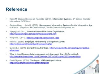 Reference

•   Ralph M. Stair and George W. Reynolds. (2010). Information Systems. 9th Edition. Canada :
    International ISE Edition.

•   Stephen Haag. … [et al.]. (2007). Management Information Systems for the Information Age.
    6th Edition. Singapore : McGraw-Hill/Irwin, The McGraw-Hill Companies, Inc.

•   Vijayagopal. (2011). Communication Flow in the Organization.
    http://vijagopalk.tripod.com/trainervijayagopal/id19.html

•   Wikipedia. (2011). http://en.wikipedia.org/wiki/Main_Page

•   Kioskea. (2011). Employee Relationship Management (ERM).
    http://en.kioskea.net/contents/entreprise/erm.php3

•   QuickMBA. (2011). Competitive Advantage. http://www.quickmba.com/strategy/competitive-
    advantage/

•   What is the difference between upward and downward flow of information?.
    http://www.kaschassociates.com/101web/ex1%20oc%20upward%20downward.htm

•   David Skyrme. (2011). The Impact of IT on Organizations.
    http://www.skyrme.com/insights/5itorg.htm
 