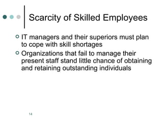 Scarcity of Skilled Employees
 IT managers and their superiors must plan
  to cope with skill shortages
 Organizations that fail to manage their
  present staff stand little chance of obtaining
  and retaining outstanding individuals




    14
 