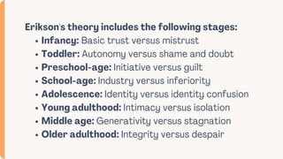Erikson's theory includes the following stages:
Infancy: Basic trust versus mistrust
Toddler: Autonomy versus shame and doubt
Preschool-age: Initiative versus guilt
School-age: Industry versus inferiority
Adolescence: Identity versus identity confusion
Young adulthood: Intimacy versus isolation
Middle age: Generativity versus stagnation
Older adulthood: Integrity versus despair
 
