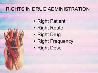 RIGHTS IN DRUG ADMINISTRATION Right Patient Right Route Right Drug Right Frequency Right Dose 