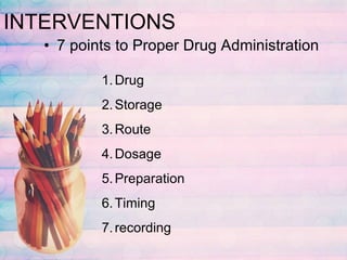 INTERVENTIONS 7 points to Proper Drug Administration Drug Storage Route Dosage Preparation Timing recording 