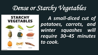 Dense or Starchy Vegetables
A small-diced cut of
potatoes, carrots, and
winter squashes will
require 30–45 minutes
to cook.
 