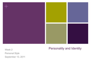 +




Week 2               Personality and Identity
Personal Style
September 13, 2011
 