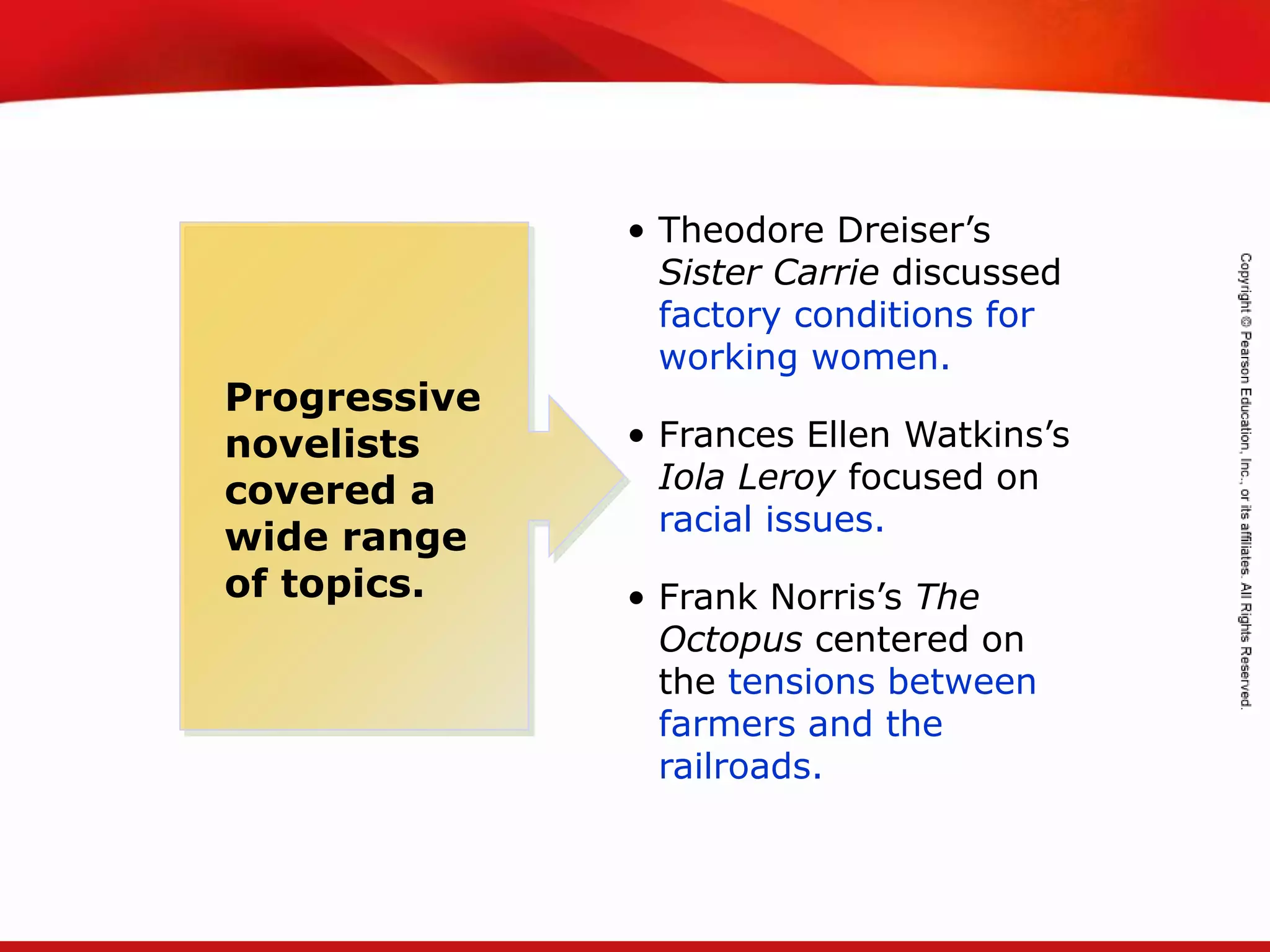 TEKS 8C: Calculate percent composition and empirical and molecular formulas.
Progressive
novelists
covered a
wide range
of topics.
• Theodore Dreiser’s
Sister Carrie discussed
factory conditions for
working women.
• Frances Ellen Watkins’s
Iola Leroy focused on
racial issues.
• Frank Norris’s The
Octopus centered on
the tensions between
farmers and the
railroads.
 