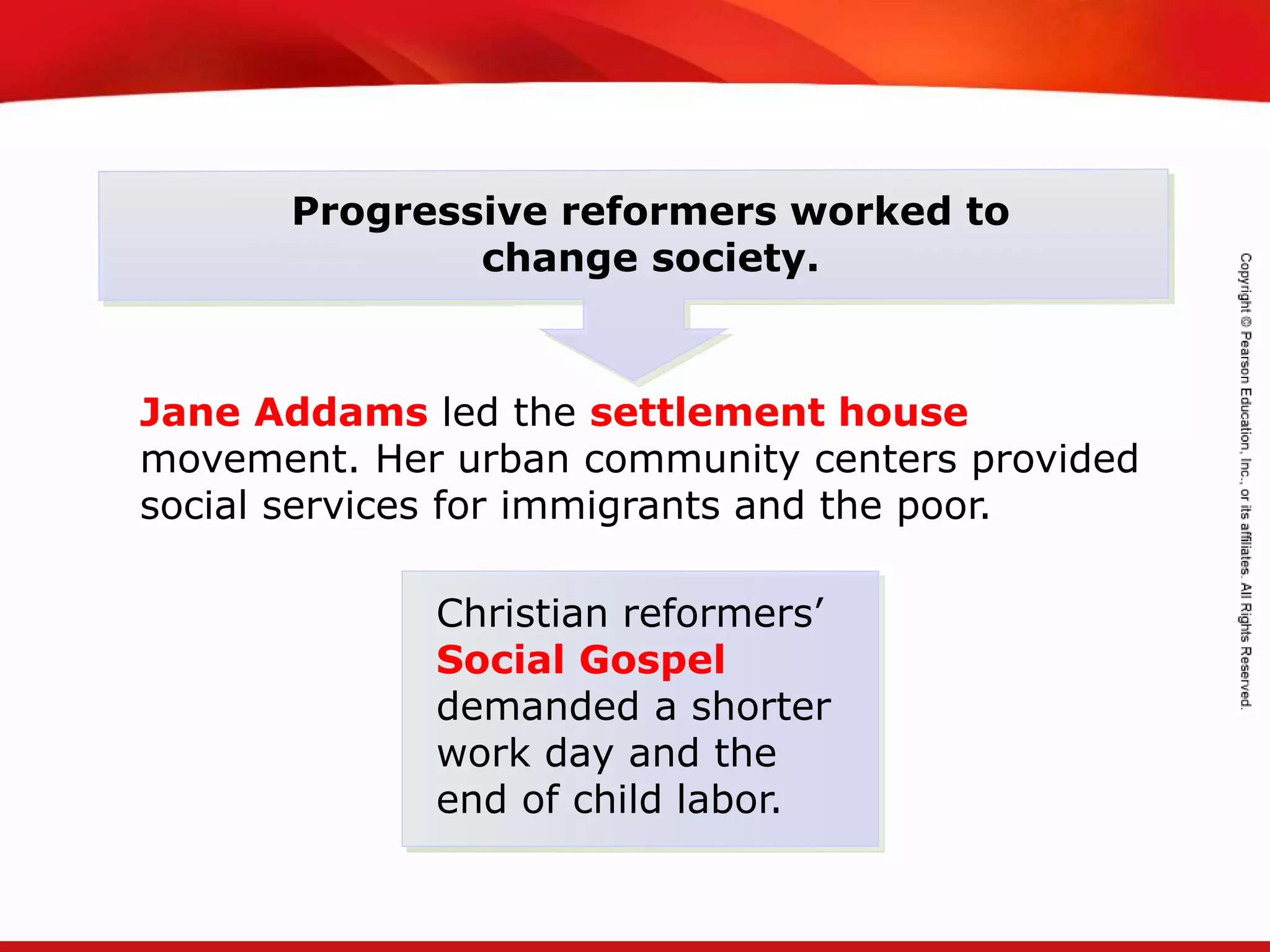 TEKS 8C: Calculate percent composition and empirical and molecular formulas.
Christian reformers’
Social Gospel
demanded a shorter
work day and the
end of child labor.
Progressive reformers worked to
change society.
Jane Addams led the settlement house
movement. Her urban community centers provided
social services for immigrants and the poor.
 