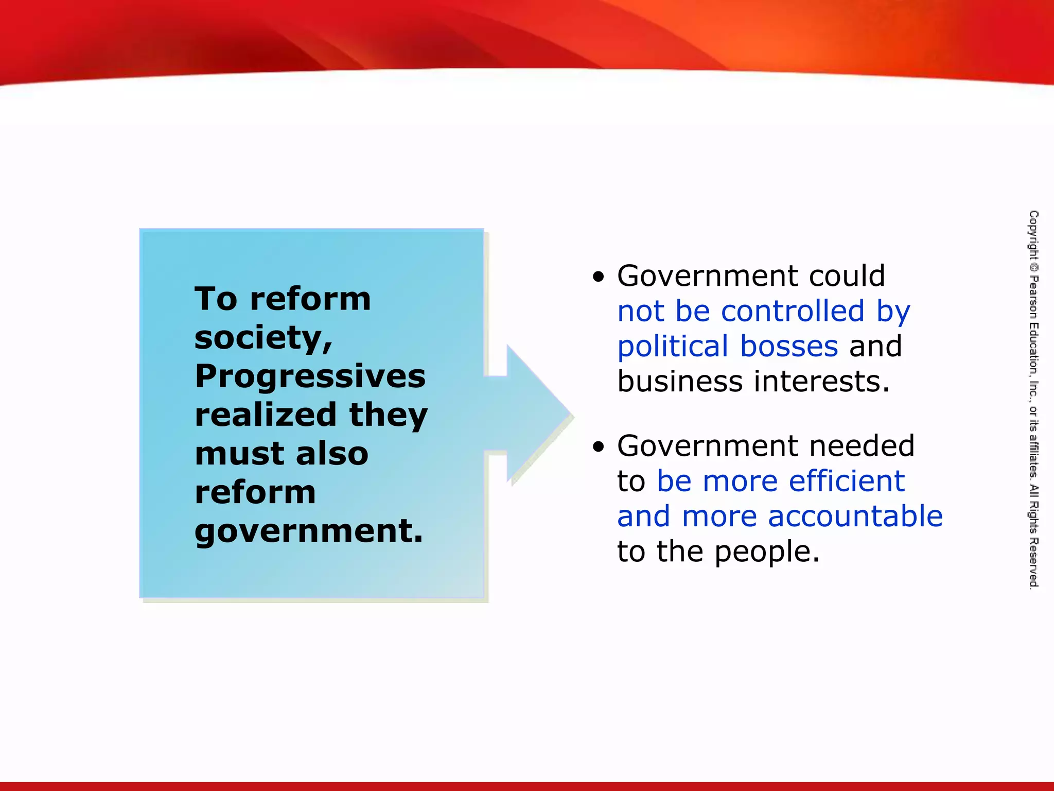 TEKS 8C: Calculate percent composition and empirical and molecular formulas.
To reform
society,
Progressives
realized they
must also
reform
government.
• Government could
not be controlled by
political bosses and
business interests.
• Government needed
to be more efficient
and more accountable
to the people.
 