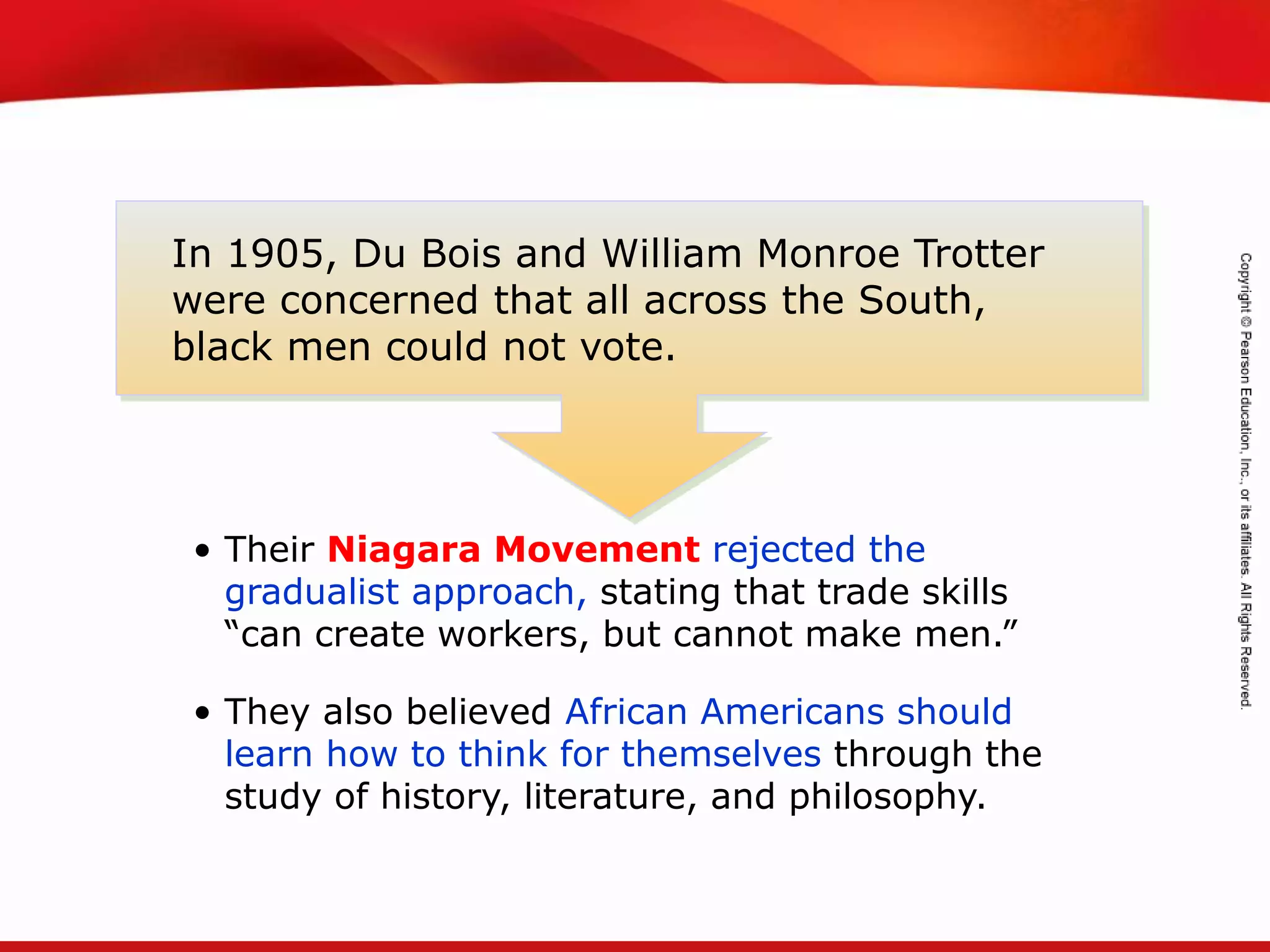 TEKS 8C: Calculate percent composition and empirical and molecular formulas.
• Their Niagara Movement rejected the
gradualist approach, stating that trade skills
“can create workers, but cannot make men.”
• They also believed African Americans should
learn how to think for themselves through the
study of history, literature, and philosophy.
In 1905, Du Bois and William Monroe Trotter
were concerned that all across the South,
black men could not vote.
 