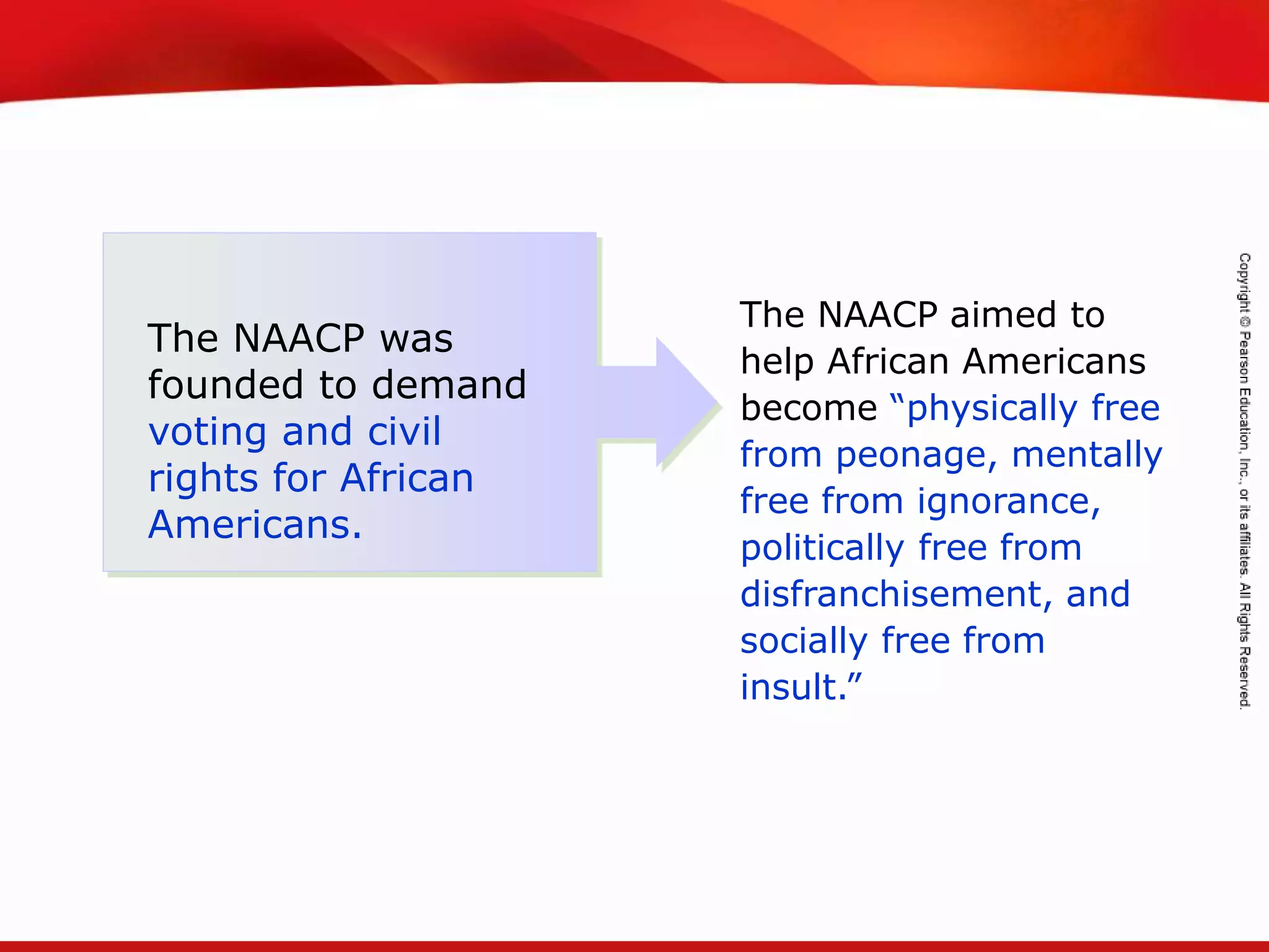 TEKS 8C: Calculate percent composition and empirical and molecular formulas.
The NAACP aimed to
help African Americans
become “physically free
from peonage, mentally
free from ignorance,
politically free from
disfranchisement, and
socially free from
insult.”
The NAACP was
founded to demand
voting and civil
rights for African
Americans.
 