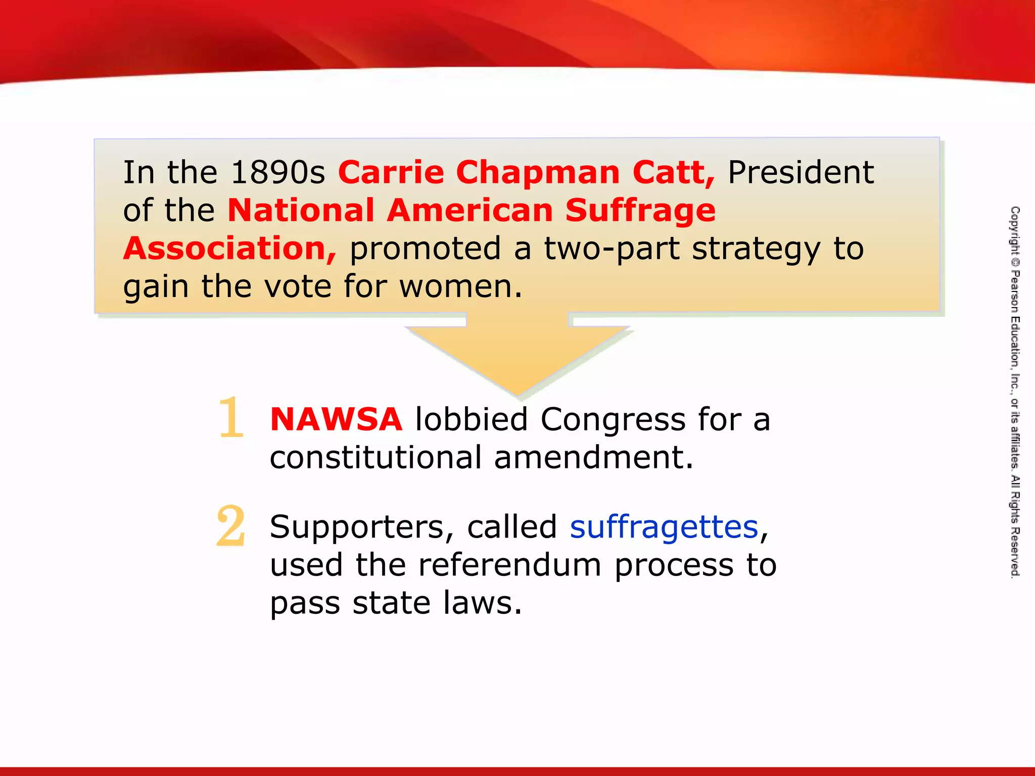 TEKS 8C: Calculate percent composition and empirical and molecular formulas.
In the 1890s Carrie Chapman Catt, President
of the National American Suffrage
Association, promoted a two-part strategy to
gain the vote for women.
NAWSA lobbied Congress for a
constitutional amendment.
Supporters, called suffragettes,
used the referendum process to
pass state laws.
1
2
 