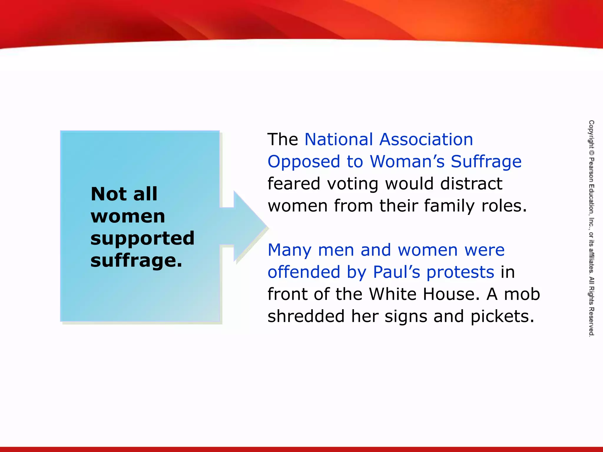 TEKS 8C: Calculate percent composition and empirical and molecular formulas.
The National Association
Opposed to Woman’s Suffrage
feared voting would distract
women from their family roles.
Many men and women were
offended by Paul’s protests in
front of the White House. A mob
shredded her signs and pickets.
Not all
women
supported
suffrage.
 
