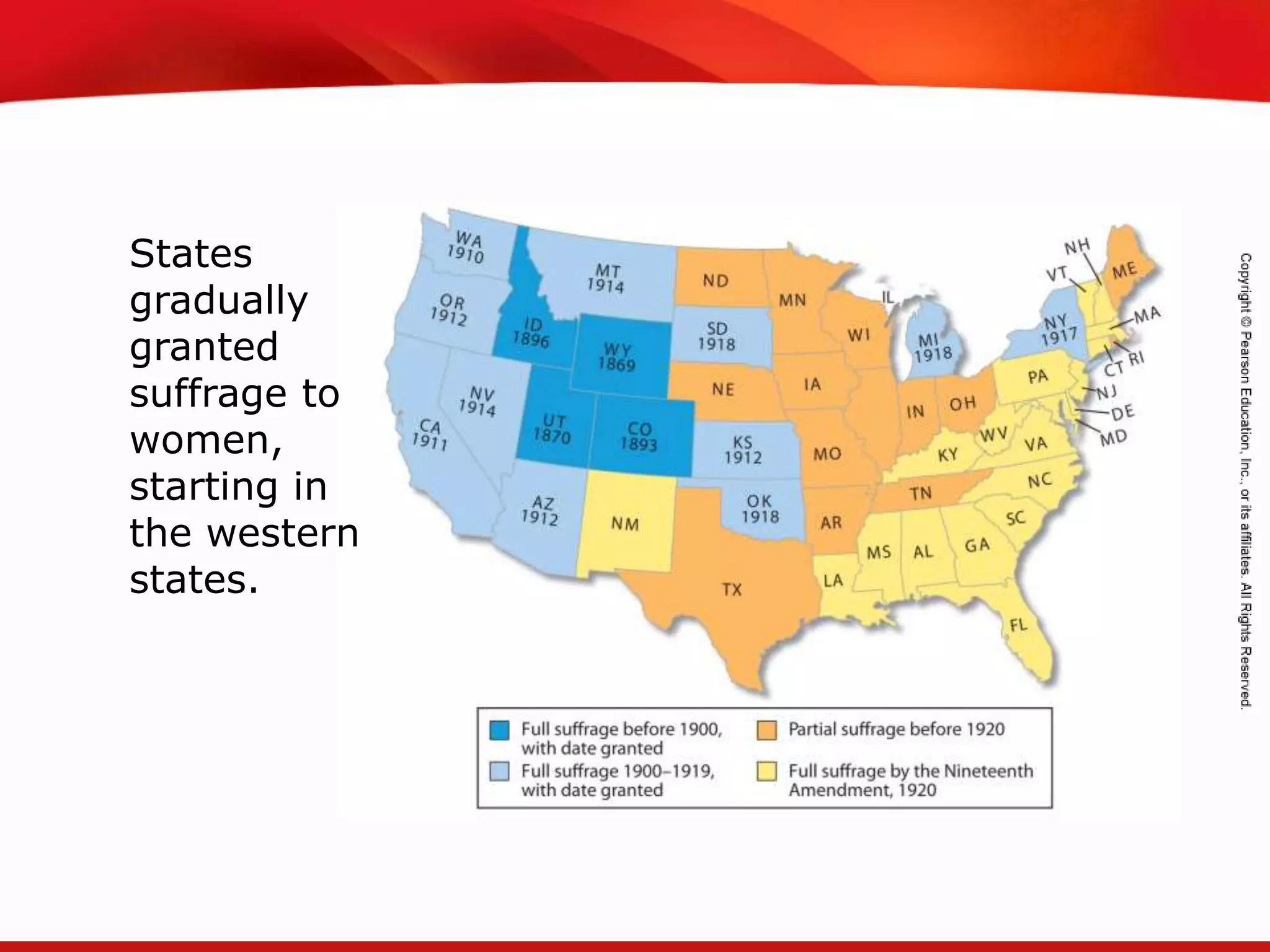 TEKS 8C: Calculate percent composition and empirical and molecular formulas.
States
gradually
granted
suffrage to
women,
starting in
the western
states.
 