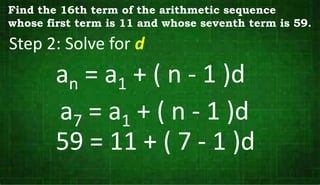 Step 2: Solve for d
an = a1 + ( n - 1 )d
Find the 16th term of the arithmetic sequence
whose first term is 11 and whose seventh term is 59.
a7 = a1 + ( n - 1 )d
59 = 11 + ( 7 - 1 )d
 