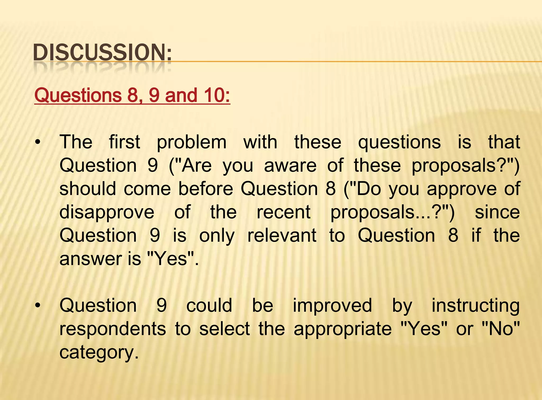 DISCUSSION:
Questions 8, 9 and 10:

• The first problem with these questions is that
  Question 9 ("Are you aware of these proposals?")
  should come before Question 8 ("Do you approve of
  disapprove of the recent proposals...?") since
  Question 9 is only relevant to Question 8 if the
  answer is "Yes".

• Question 9 could be improved by instructing
  respondents to select the appropriate "Yes" or "No"
  category.
 