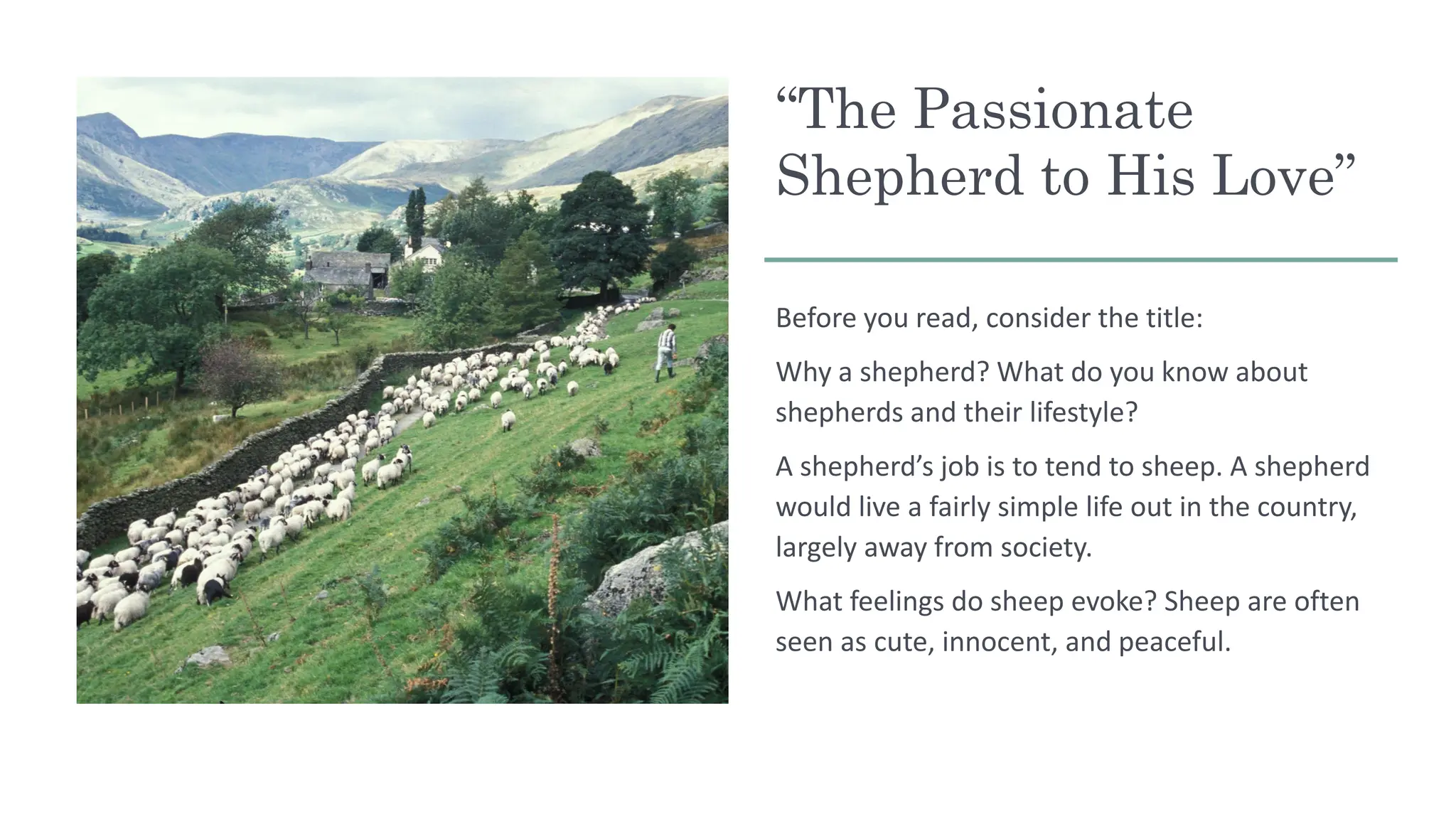 “The Passionate
Shepherd to His Love”
Before you read, consider the title:
Why a shepherd? What do you know about
shepherds and their lifestyle?
A shepherd’s job is to tend to sheep. A shepherd
would live a fairly simple life out in the country,
largely away from society.
What feelings do sheep evoke? Sheep are often
seen as cute, innocent, and peaceful.
 