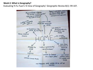 Week 2: What is Geography?   Evaluating Yi-Fu Tuan’s ‘A View of Geography’ Geographic Review 8(1): 99-107.  