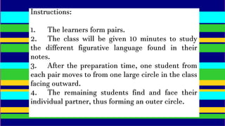 Instructions:
1. The learners form pairs.
2. The class will be given 10 minutes to study
the different figurative language found in their
notes.
3. After the preparation time, one student from
each pair moves to from one large circle in the class
facing outward.
4. The remaining students find and face their
individual partner, thus forming an outer circle.
 
