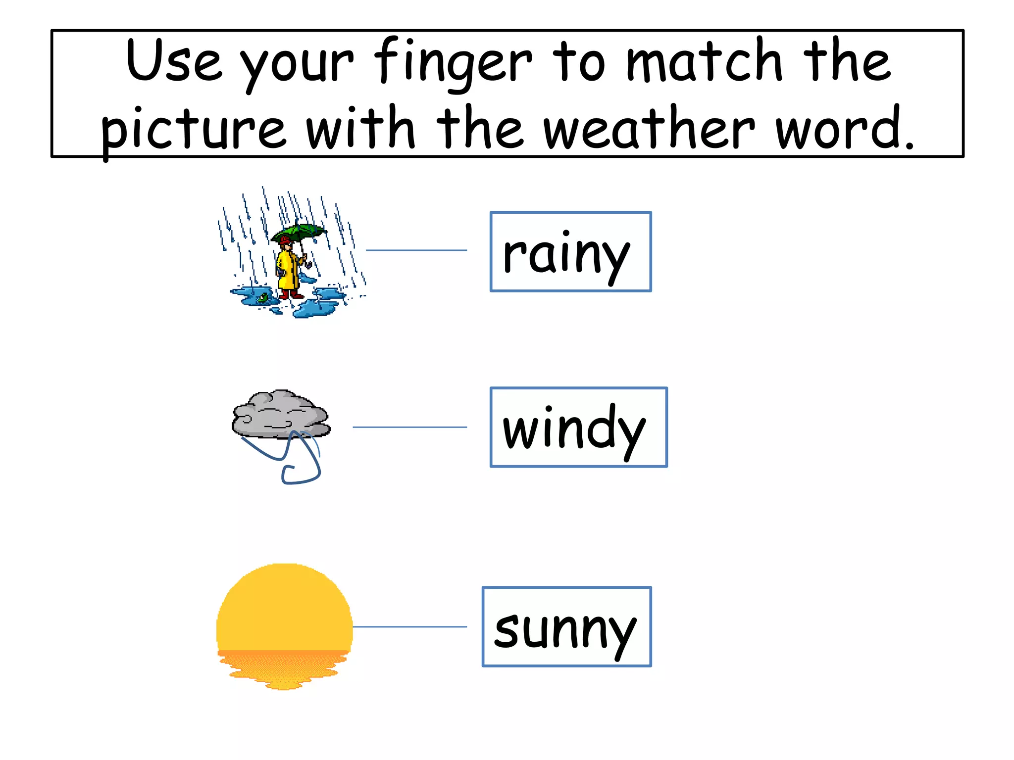 Use your finger to match the
picture with the weather word.

              rainy


              windy


              sunny
 