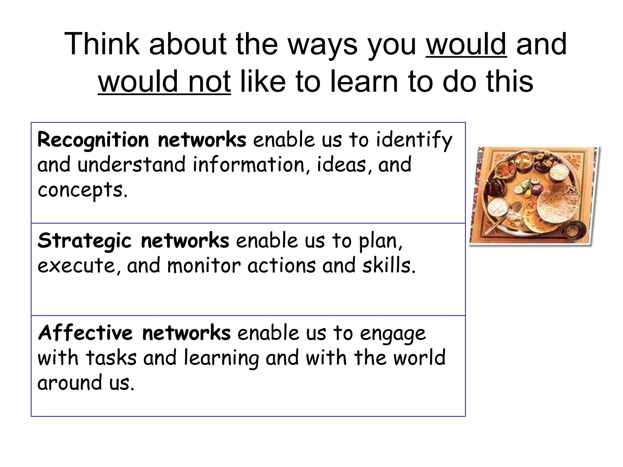 Think about the ways you would and
    would not like to learn to do this
Recognition networks enable us to identify
and understand information, ideas, and
concepts.

Strategic networks enable us to plan,
execute, and monitor actions and skills.


Affective networks enable us to engage
with tasks and learning and with the world
around us.
 