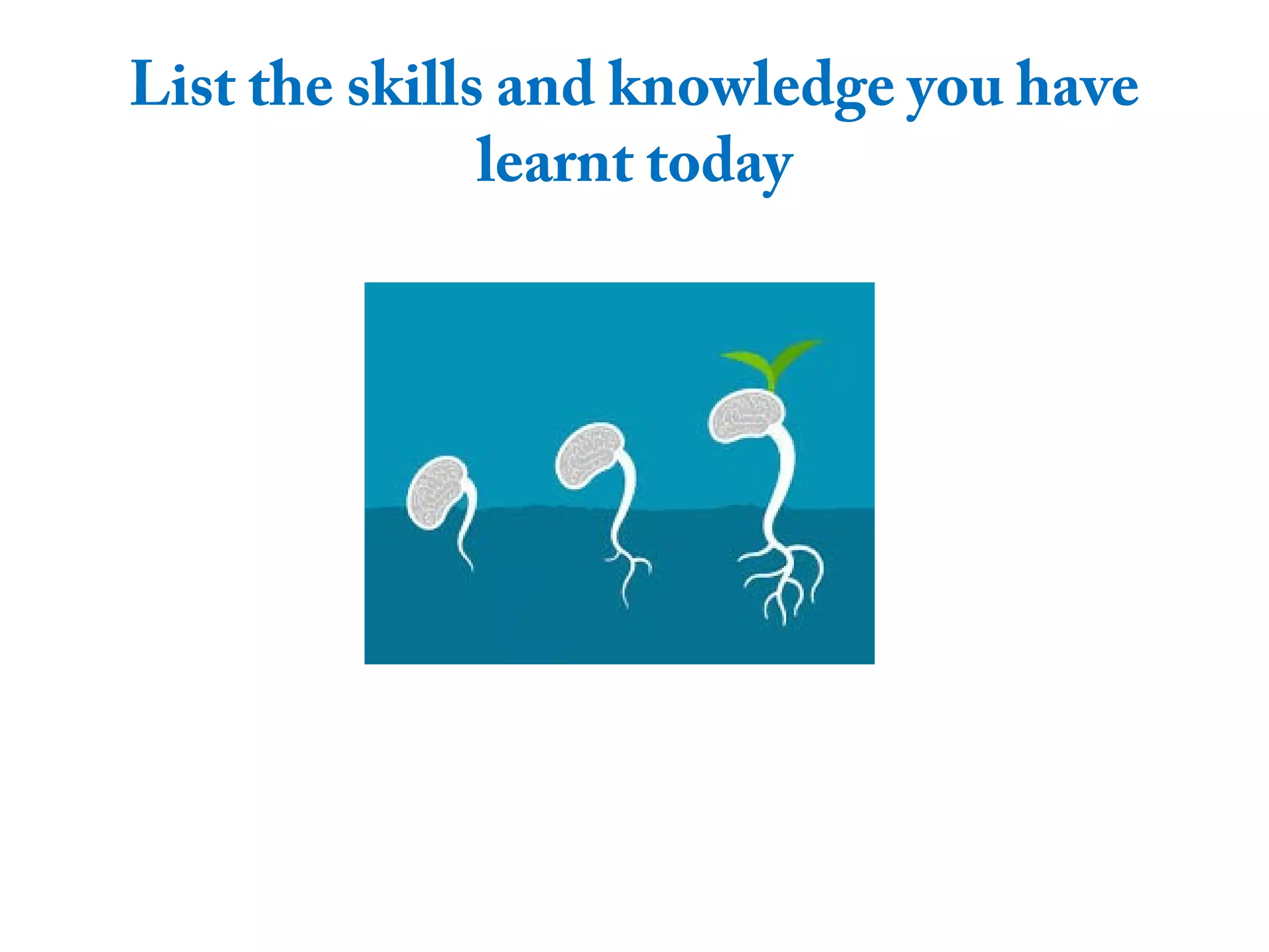 List the skills and knowledge you have
learnt today
 