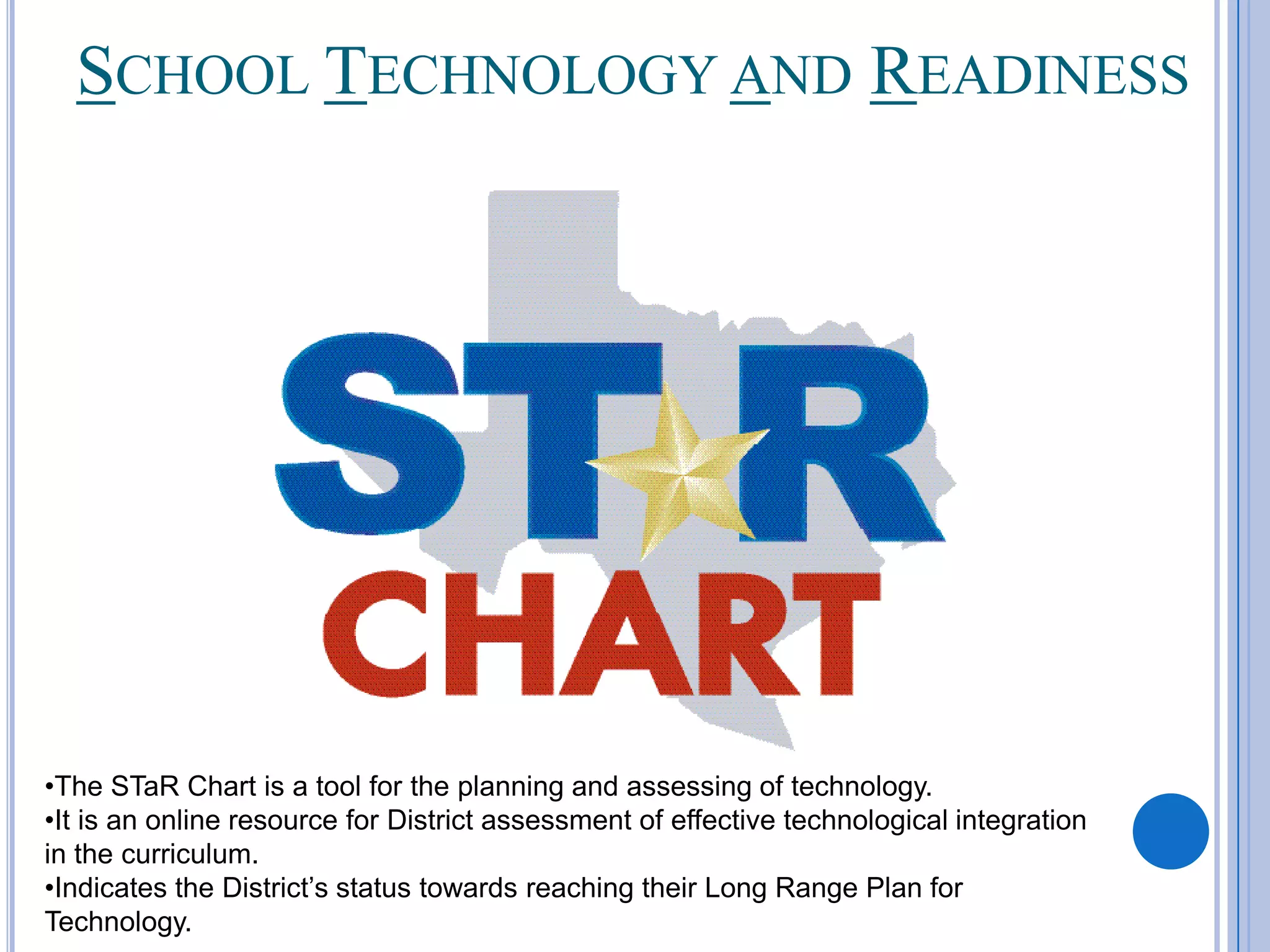 School Technology and ReadinessThe STaR Chart is a tool for the planning and assessing of technology.