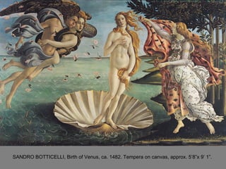 SANDRO BOTTICELLI, Birth of Venus, ca. 1482. Tempera on canvas, approx. 5’8”x 9’ 1”.  