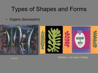 Types of Shapes and Forms Organic (biomorphic) Paul Klee Matisse – cut paper collage 