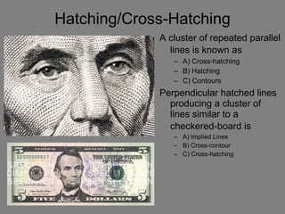 A cluster of repeated parallel lines is known as   A) Cross-hatching  B) Hatching  C) Contours Perpendicular hatched lines producing a cluster of lines similar to a checkered-board is   A) Implied Lines  B) Cross-contour  C) Cross-hatching Hatching/Cross-Hatching 
