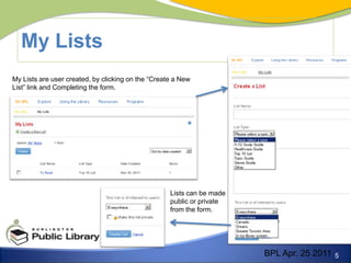 My ListsMy Lists are user created, by clicking on the “Create a New List” link and Completing the form.Lists can be made public or private from the form.BPL Apr. 25 2011