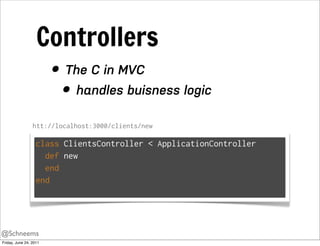 Controllers
                        • The C in MVC
                          • handles buisness logic
                 htt://localhost:3000/clients/new

                   class ClientsController < ApplicationController
                     def new
                     end
                   end




@Schneems
Friday, June 24, 2011
 
