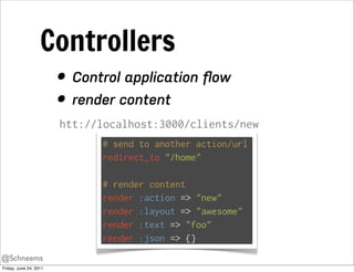 Controllers
                        • Control application ﬂow
                        • render content
                        htt://localhost:3000/clients/new
                              # send to another action/url
                              redirect_to "/home"

                              # render content
                              render :action => "new"
                              render :layout => "awesome"
                              render :text => "foo"
                              render :json => {}
@Schneems
Friday, June 24, 2011
 